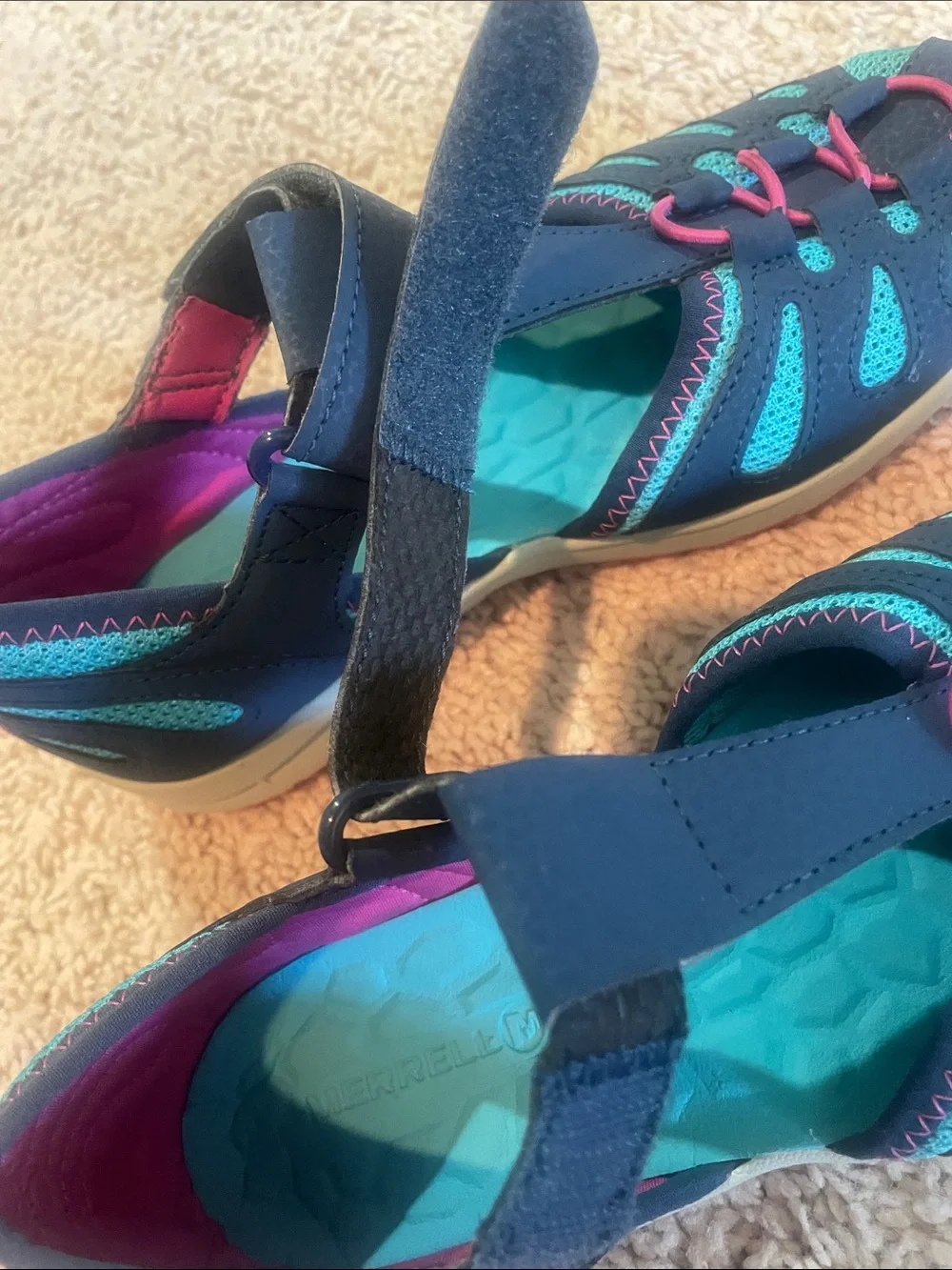 Merrell Navy and Teal Kids Water Shoes with Pink Accents
